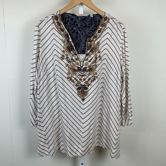 Womens Soft Surroundings Tangier Tunic Top Chevron Stripe Beaded Neck Medium - Picture 1 of 7